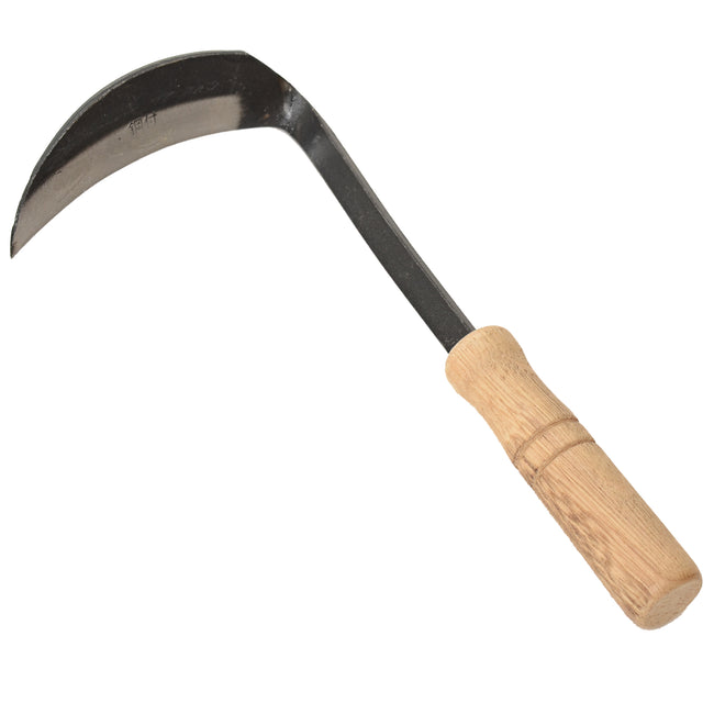 Side view of Kana Hoe with curved 4-inch hardened steel blade and hardwood handle on white background