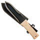 Angled view of Hori Hori carbon steel knife with serrated blade, wooden handle, and vinyl sheath on white background