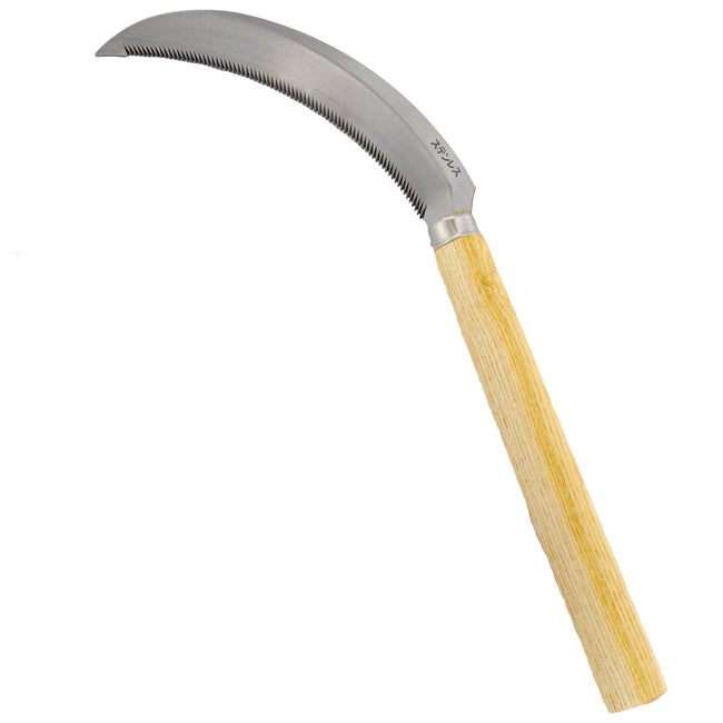 Angled front view of garden sickle showing curved serrated stainless-steel blade and wooden handle on white background