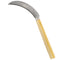 Angled front view of garden sickle showing curved serrated stainless-steel blade and wooden handle on white background