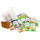 Front view of Winter Garden seed collection showing resealable bucket and assorted seed packets on white background