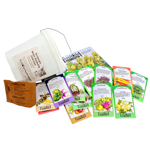 Front view of Winter Garden seed collection showing resealable bucket and assorted seed packets on white background