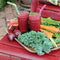 Front view of Super Smoothie Blend showing two red smoothies with carrots, beets, kale and Swiss chard on a silver tray